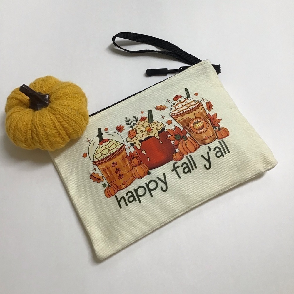 Fall Pumpkin Spice Latte Coffee Cosmetic Bag Canvas Zip Happy Fall Y’all NEW